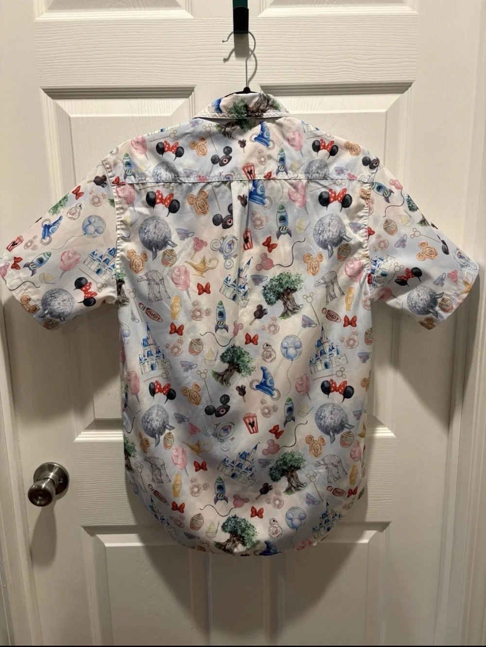 Rainbow White Short Sleeve Button-Down Shirt with Multicolor Theme Park Print